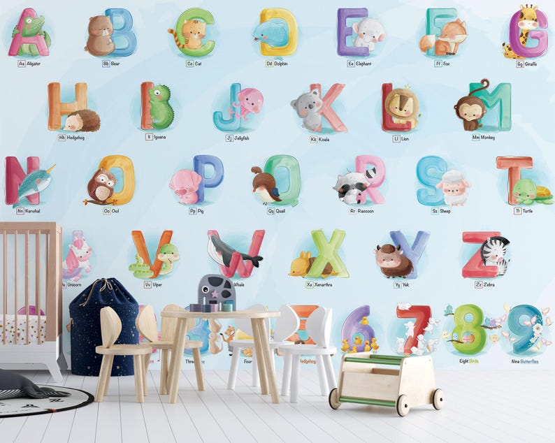 Alphabet Animals Wallpaper Mural, ABC Numbers Kids Room Decor (peel and ...