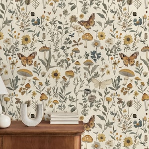 Mushroom Floral Wallpaper: Vintage Butterfly Peel and Stick Wall Vinyl