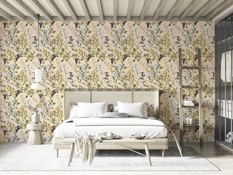 Detailed Wildflower Meadow Wallpaper Vintage Floral Botanical Peel and ...