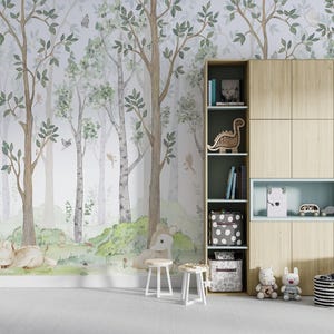 Kinderzimmer-Tapete, handgezeichnete Busch-Rasen-Birken-Tapete, Abnehmbare Tapete der Aquarell-Waldtiere, Schälen und aufkleben Tapete