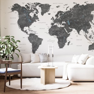 Schwarz und Grau Weltkarte Wallpaper | Dunkles Elegantes Wandbild | Schälen und aufkleben oder traditionell | Büro, Lounge, Arbeitszimmer Dekor