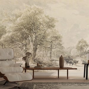 Vintage Art Landscape Wallpaper, Vintage Charcoal Old Drawing Wallpaper, Rural Scenic Painting Wallpaper, Traditional Removable Wallpaper