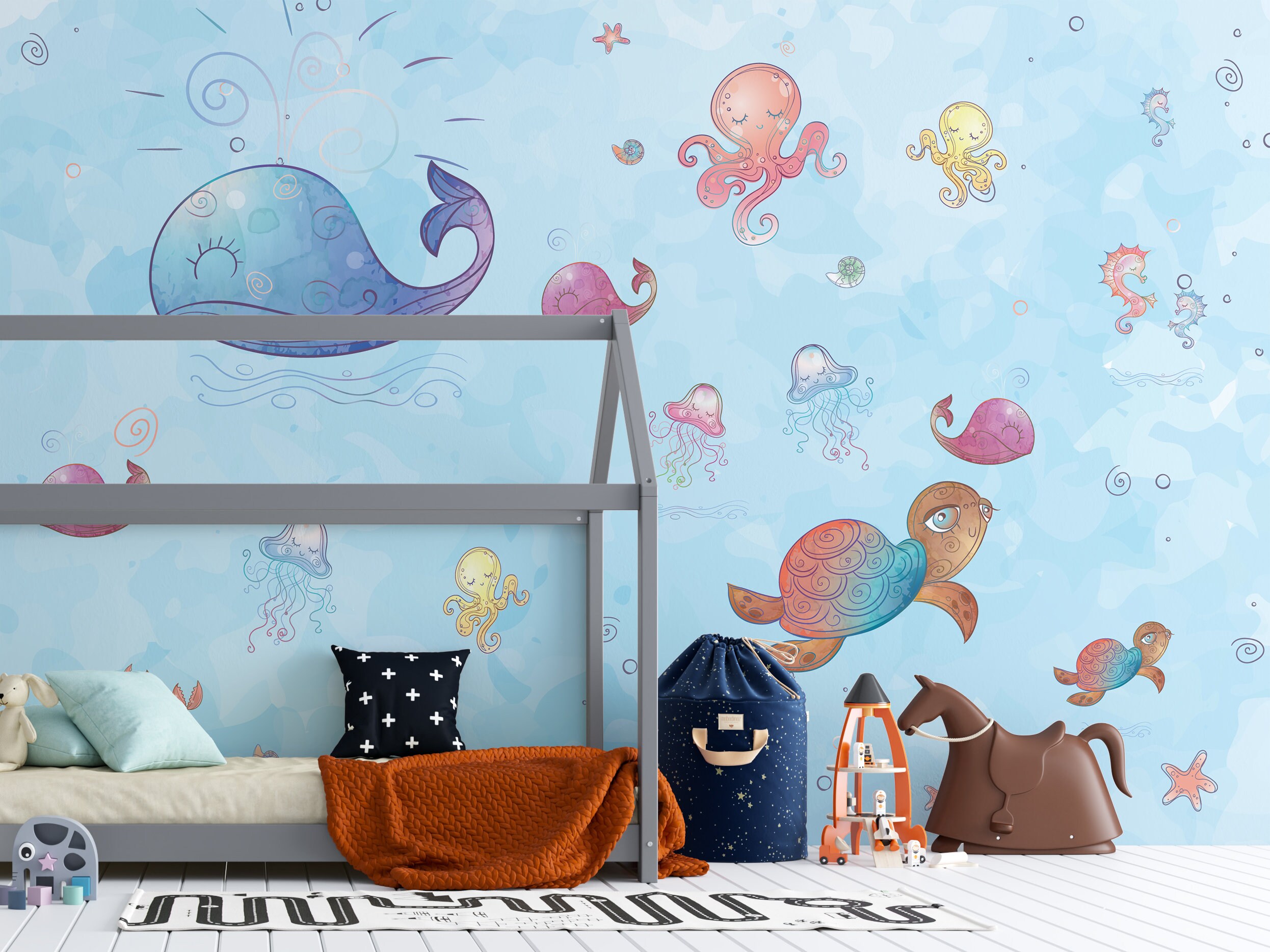 Watercolor Underwater Sea Animals Nursery Kids Wallpaper Cute Etsy