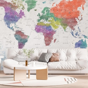Aquarell Farbverlauf Weltkarte Wallpaper | Künstlerisches Schälen und Aufkleben oder Traditionelles Wandbild | Esszimmer Dekor