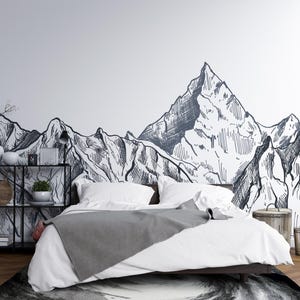 Monochrome Mountain Line Art Wallpaper | Hand-Drawn Landscape Mural for Bedroom or Office | Peel and Stick or Traditional