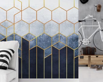 Geometric Hexagon Wallpaper, Blue Gold Abstract Art, Peel and Stick