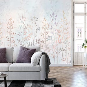 Mural de pared con hojas en acuarela – Papel pintado botánico en tonos pastel suaves imagen 3