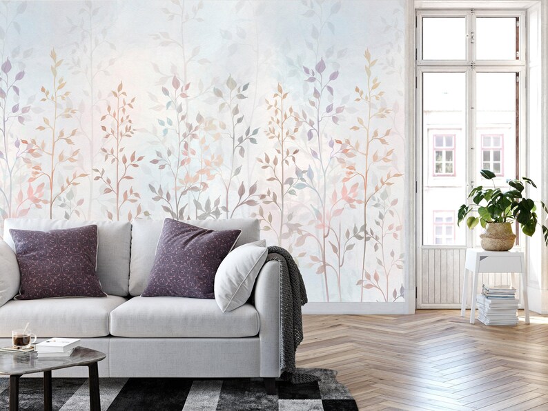 Mural de pared con hojas en acuarela – Papel pintado botánico en tonos pastel suaves imagen 3