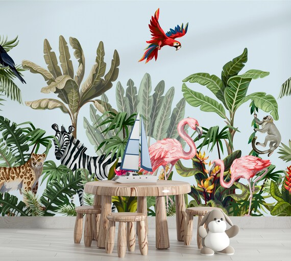 Papel pintado con foto 3D personalizado, cuadro de pared moderno de bosque  Tropical, hoja, Animal, flamenco, Mural de fondo de TV para sala de estar -  AliExpress