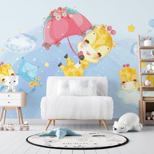 Mural de papel pintado con jirafas voladoras en acuarela, vinilo decorativo para pared de sala de juegos, autoadhesivo