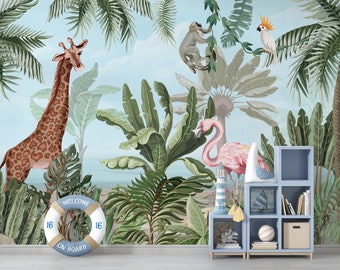 Safari Wallpaper, Animals Wallpaper, Jungle Wallpaper, Tropical Forest Wallpaper, Kids Wall Mural, Animals on the Beach Wallpaper