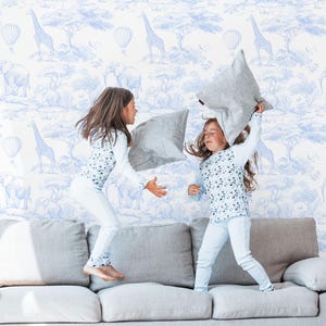 Blue Safari Toile Wallpaper, Elephant & Giraffe Print, Peel and Stick or Traditional for Nursery, Gender Neutral Kids Room Accent Wall