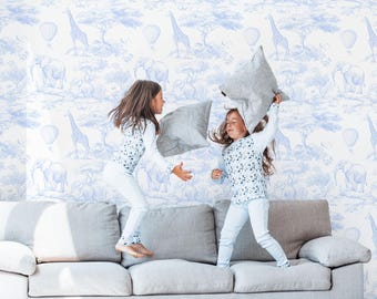 Blue Safari Toile Wallpaper, Nursery Accent Wall, Peel and Stick