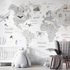 Minimalistische Weltkarte Wallpaper für Kinder | Lehrreiches Schälen und Aufkleben oder Traditionelles Wandbild | Neutrales Kinderzimmer und Schlafzimmer Dekor