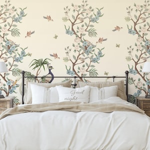 Chinoiserie Wallpaper with Birds Vintage Floral Wallpaper Mural Self Adhesive, Removable Temporary Wall Mural Custom Floral Wallpaper