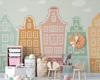 Colorful Houses Kids Wallpaper, Removable Peel and Stick