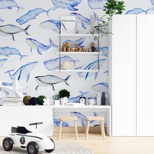 Aquarell Wal Tapete - Ozeanblau Wandbild für Kinderzimmer oder Spielzimmer | Schälen und aufkleben oder Traditionell