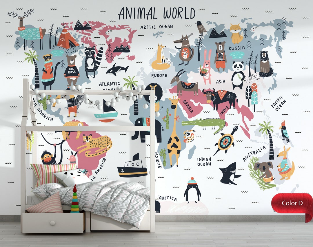 Animal World Map Wallpaper for Kids, Scandinavian Elements World Map Kids World Map Wallpaper