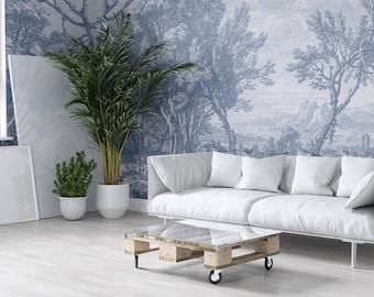 Mural de papel pintado con paisaje de árboles azules, arte mural removible