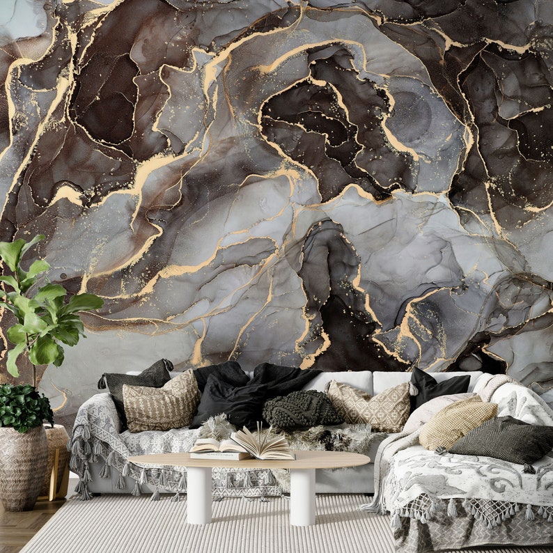 Modern Luxury Art Wallpaper, Gray Gold Bronze Marble Wallpaper, Fluid Art Painting Marble Wallpaper, Abstract Marble Wallpaper, Peel Stick image 1