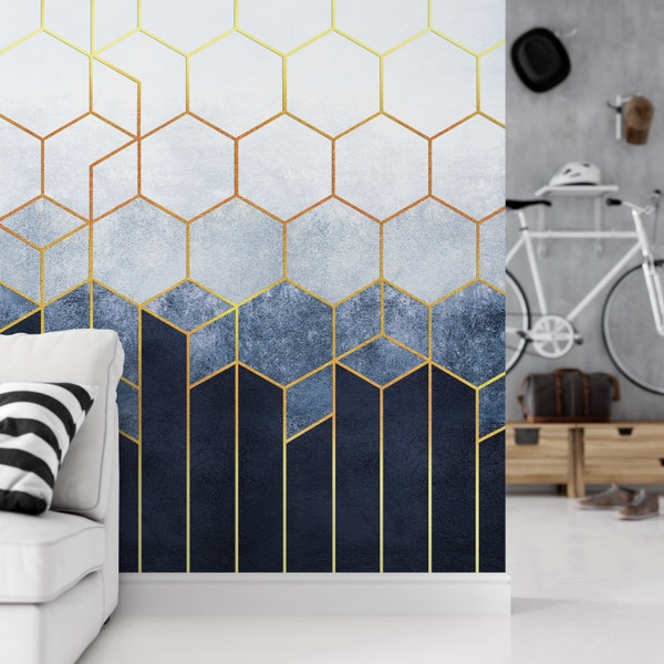 Geometric Wallpaper, Abstraction of Hexagons Wallpaper, Blue Gold Hexagons Wallpaper Mural, Peel and Stick Self Adhesive Wallpaper