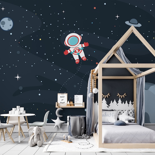 Cute Astronaut Wallpaper, Space Wallpaper, Planets and Stars Wallpaper, Rockets Moon Wallpaper, Kids Wallpaper, Traditional Wallpaper