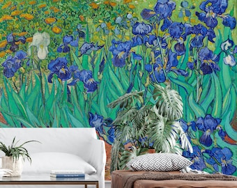 Flower Garden Wallpaper mural, Floral wallpaper, Irises Painting Van Gogh Wallpaper, Peel and Stick Wallpaper, Self-adhesive Wall Mural