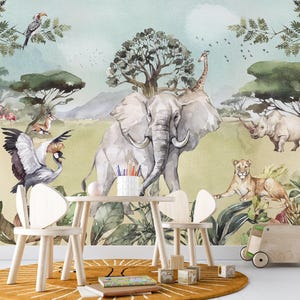 Safari Wallpaper, Animals Wallpaper, Jungle Wallpaper, Tropical Forest Wallpaper, Removable Wallpaper Kids Wall Mural, Peel and Stick