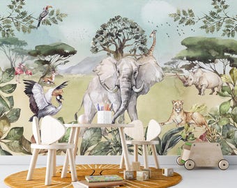 May include: A wall mural featuring a watercolor savanna landscape with an elephant, giraffe, rhinoceros, lion, flamingos, and a crane. The scene includes green trees, foliage, and mountains against a soft sky, with a wooden table and chairs in front.