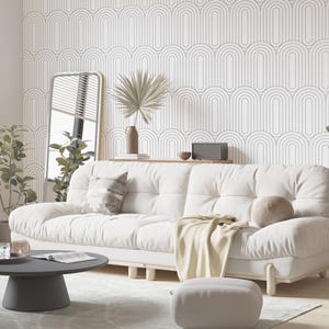 Witte achtergrond grijs ellipsbehang, minimaal geometrisch behang, neutraal bohobehang, zelfklevende vormen tijdelijk behang