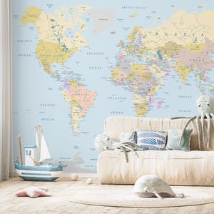 Papier peint carte du monde pastel | murale éducative et élégante | Papier autocollant ou traditionnel | Décoration de bureau à domicile et de chambre d'enfants