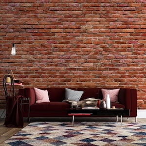 Può includere: Un divano in velluto rosso con due cuscini rossi, un cuscino grigio e una coperta si trova di fronte a un muro di mattoni rossi. Un piccolo tavolo nero con una lampada nera si trova di fronte al divano.