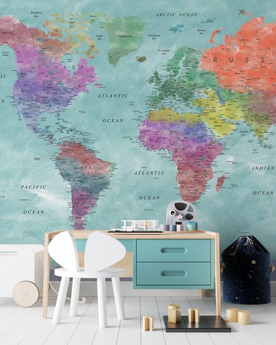 Customized Large World Map Decal World Map Wallpaper World Etsy Customized Large World Map Decal World Map Wallpaper World Etsy