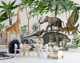 May include: A wall mural featuring a detailed jungle scene with a giraffe, elephant, peacock, leopard, and hippopotamus among tropical trees and plants. The scene includes a wooden table and chairs, a blue storage bag, and a wooden toy cart on wheels.