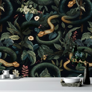 Dark Snakes Wallpaper, Dark Tropical Wallpaper, Dark Jungle Wallpaper, Vintage Dark Floral Wallpaper, Traditional Removable Wallpaper image 4