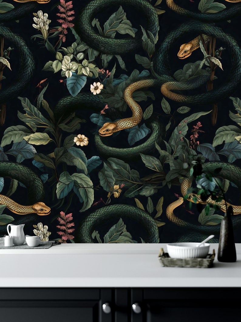 Dark Snakes Wallpaper, Dark Tropical Wallpaper, Dark Jungle Wallpaper, Vintage Dark Floral Wallpaper, Traditional Removable Wallpaper image 4