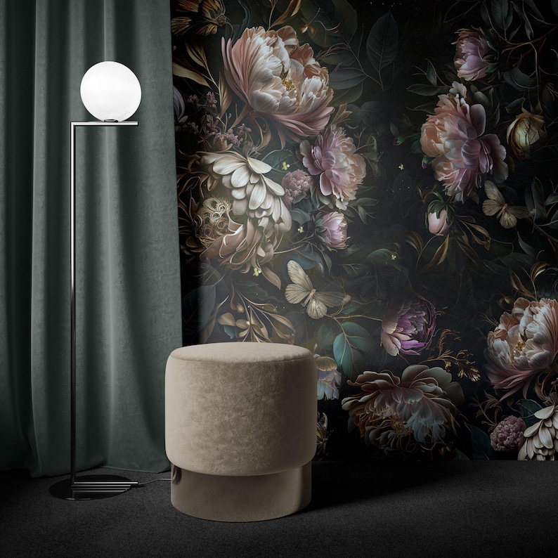Dark Floral Peony Wallpaper Mural, Moody Vintage Botanical Art, Peel ...