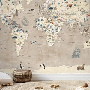 Vintage Style Weltkarte Wallpaper für Kinder | Lehrreiches Wandbild in Beige-Tönen | Schälen und aufkleben oder traditionell | Spielzimmer oder Kinderzimmer Dekor