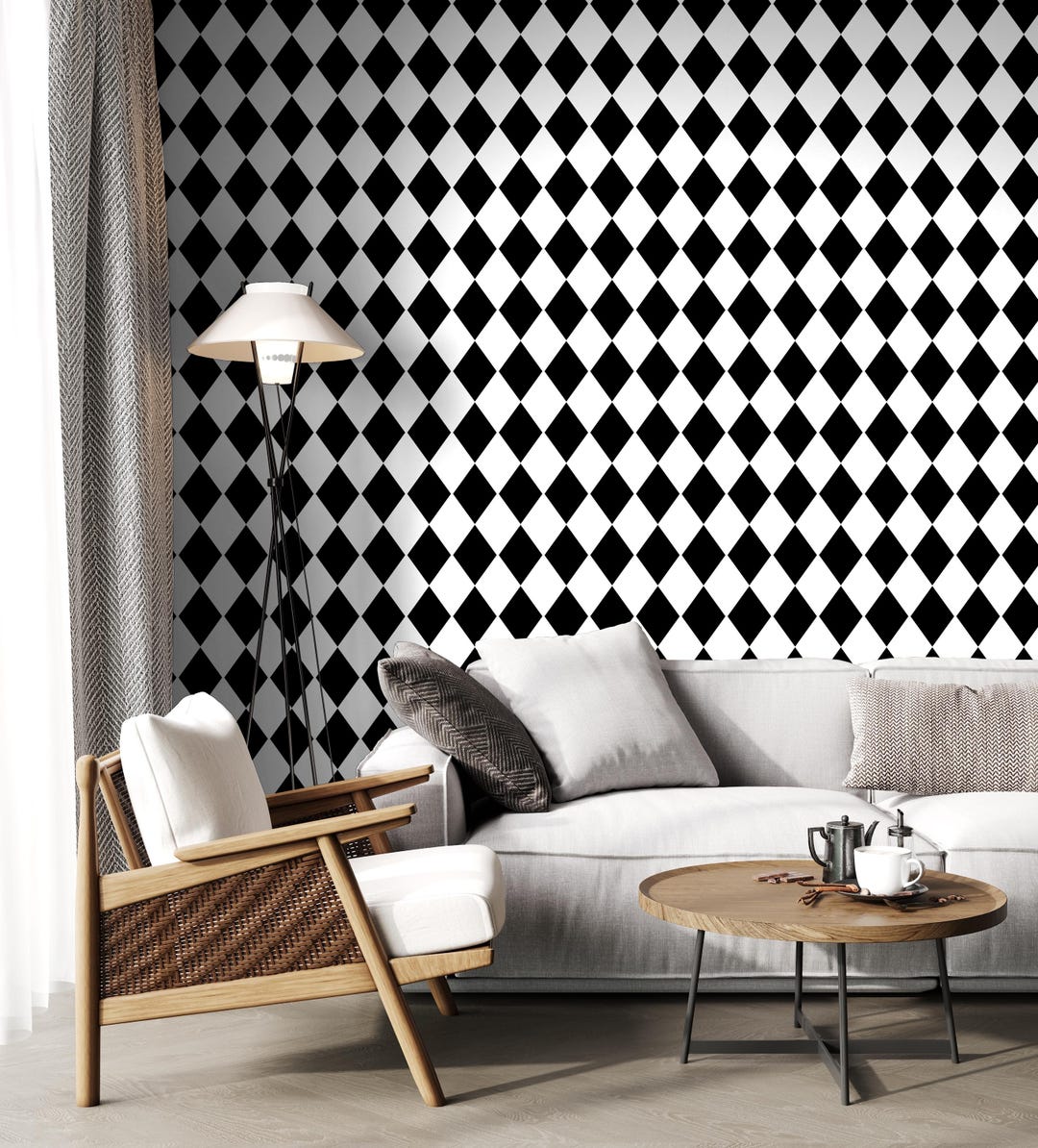 Black White Harlequin Wallpaper | Classic Diamond Pattern | Peel and ...