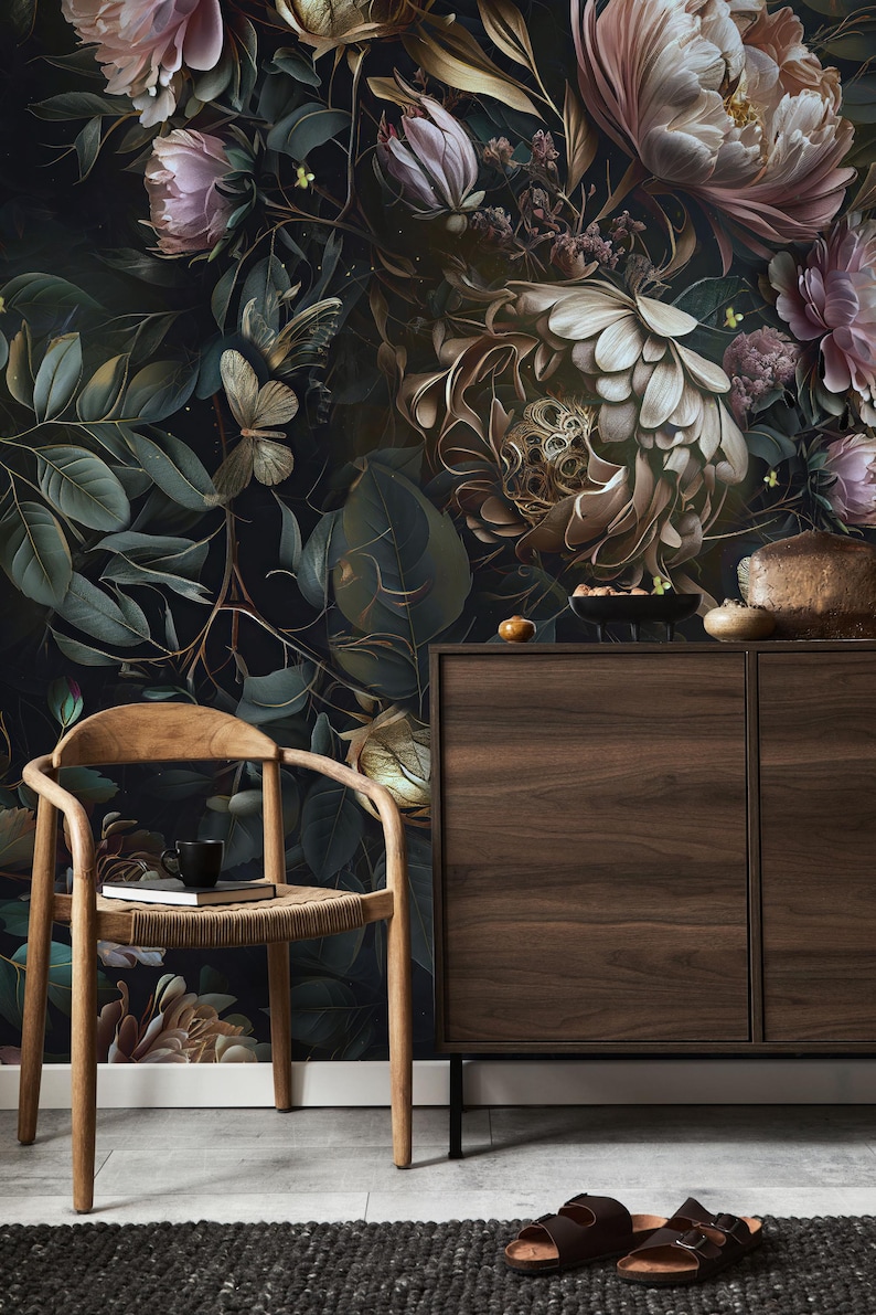 Dark Floral Peony Wallpaper Mural, Moody Vintage Botanical Art, Peel ...