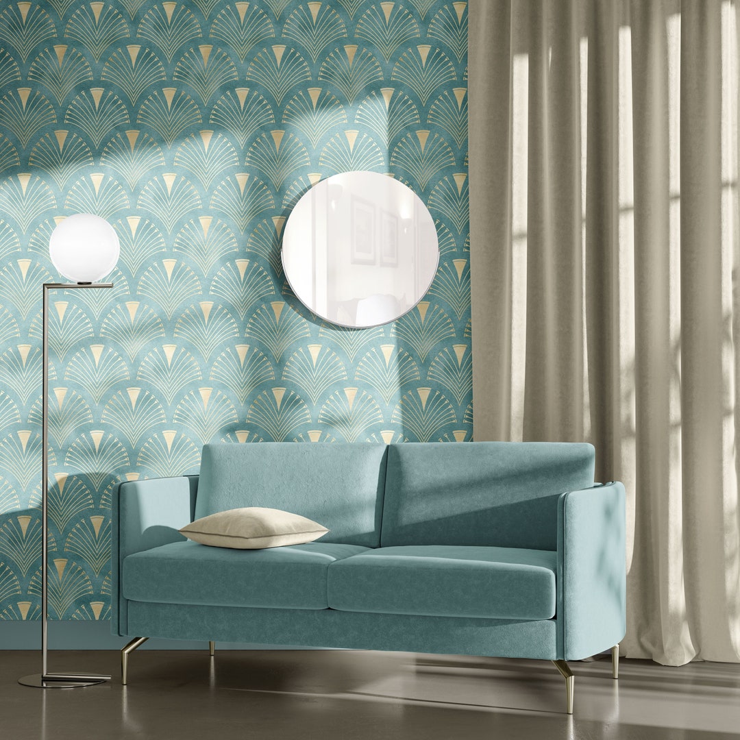 Art Deco Wallpaper, Blue Background Art Deco Wall Art, Customizable