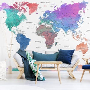 Carta da parati con mappa del mondo colorata, da staccare e attaccare o tradizionale, murale educativo, decorazione per la cameretta dei bambini, carta da parati rimovibile, grande arte murale