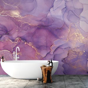 Purple Gold Marble Wallpaper | Luxury Amethyst Geode Mural | Peel and Stick or Traditional | Bathroom Accent Wall