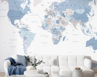 Blue Tones World Map Wallpaper Mural | Peel and Stick or Traditional