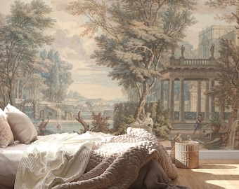May include: A wall mural featuring a sepia-toned landscape with tall trees, a classical stone pavilion with columns, and figures near a body of water. The scene includes a bed with a textured cream-colored throw blanket and a woven basket nearby.