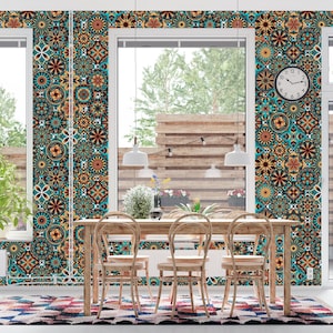 Geometrische Fliesenmuster Wallpaper Wandbild | Ethno Mandala Boho Teal Terrakotta Bunt Print | Schälen und aufkleben oder Traditionell