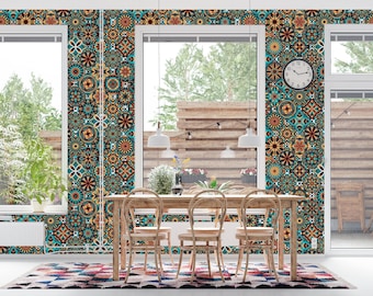 Geometric Tile Wallpaper Mural | Bohemian Teal Terracotta Print (Peel and Stick or Traditional)
