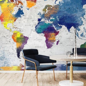Papier peint carte du monde colorée | Conception de continent à l'aquarelle | Papier peint artistique amovible