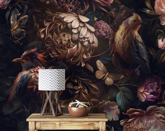 Luxurious Dark Floral Bird Wallpaper, Blush Pink Peony Gold Accent Mural, Peel and Stick, Traditional Removable Wall Art Decor