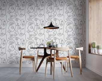 Abstract Line Art Woman Faces Wallpaper, Removable Peel and Stick Mural